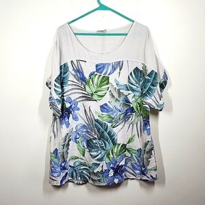 Lungs L'arno linen tropical leaf print scoop neck short sleeve blouse women 1X